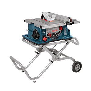 A saw with gravity rise wheeled stand