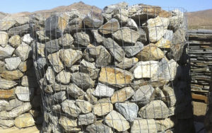Stacks of stones in wired cages