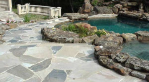 Outdoor pools with stone paths