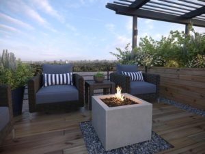 A roof deck lounge with a fireplace