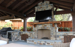 An outdoor fireplace